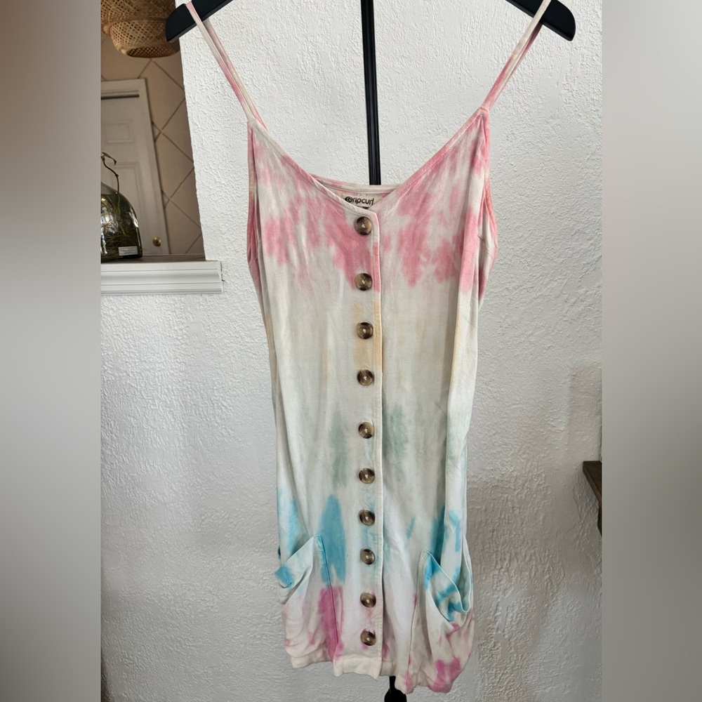 Rip Curl Pink Blue Tie-Dye Button-Front Spaghetti Strap Dress